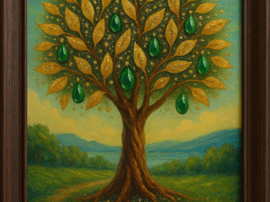 “Tree of Wealth Pyrite & Jade Painting | Vastu Prosperity Wall Art – A4 Size”
