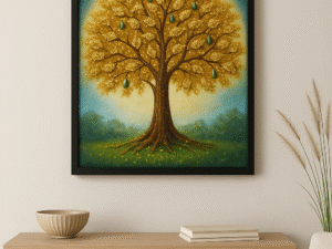 “Tree of Wealth Pyrite & Jade Painting | Vastu Prosperity Wall Art – A4 Size”