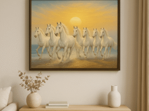 “7 White Horses Vastu Painting | Rising Sun Sea Wall Art – A4 Size”