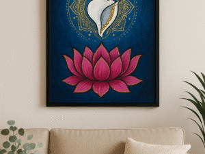 “Lotus with Shankh Pyrite Painting | Vastu Positive Energy Wall Art – A4 Size”