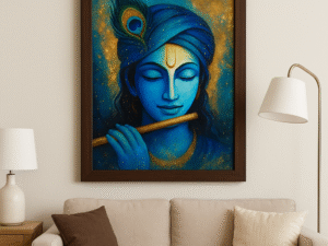 “Modern Krishna Abstract Painting – A4 Glossy Print with Wooden Frame & Pyrite Detailing”