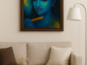 “Modern Krishna Abstract Painting – A4 Glossy Print with Wooden Frame & Pyrite Detailing”