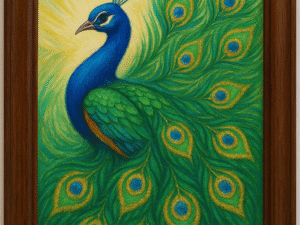 “Peacock with Open Feathers Vastu Painting – A4 Glossy Print Wall Art with Pyrite Effect”