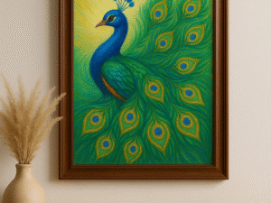“Peacock with Open Feathers Vastu Painting – A4 Glossy Print Wall Art with Pyrite Effect”