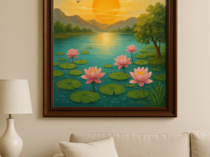 “Lotus Pond with Rising Sun Vastu Painting – A4 Glossy Print with Pyrite Particle Detailing”