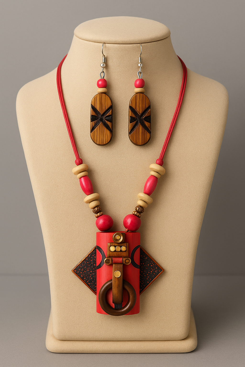 bamboo-wood-jewellery-closeup, bamboo-wood-necklace-on-dummy