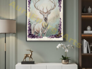 White Deer Wall Art with Amethyst Crystal Border | Mystical Spiritual Printable Poster | Instant Digital Download
