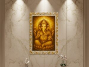 Lord Ganesha Citrine & Clear Quartz Crystal Frame | A3 Handmade Spiritual Wall Art for Peace, Prosperity & Positivity