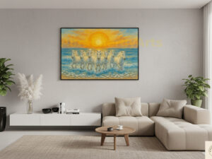 A3 Framed Seven White Horses Spiritual Art | Sunrise Surya Divine Wall Decor | Vastu Positive Painting with Selenite Energy | Ready-to-Hang Frame