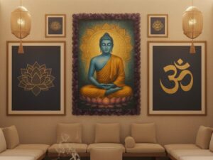 A3 Framed Buddha Art with Natural Amethyst Gemstone Border | Meditation & Vastu Wall Decor | Premium Home Artwork