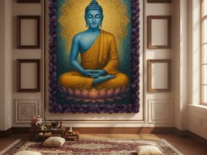A3 Framed Buddha Art with Natural Amethyst Gemstone Border | Meditation & Vastu Wall Decor | Premium Home Artwork